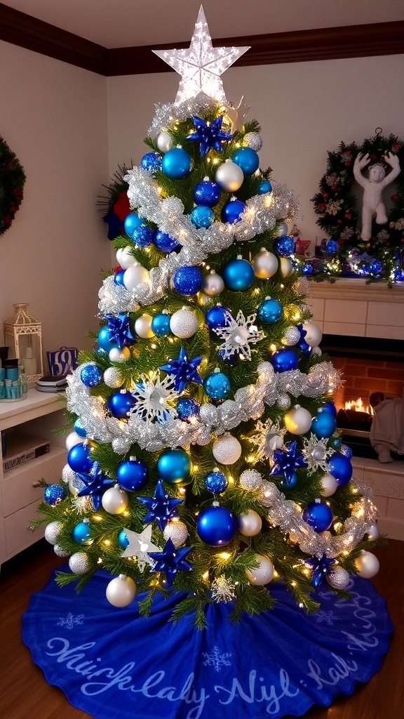 A blue and silver Christmas tree with ornaments, lights, and a star topper in a festive living room.